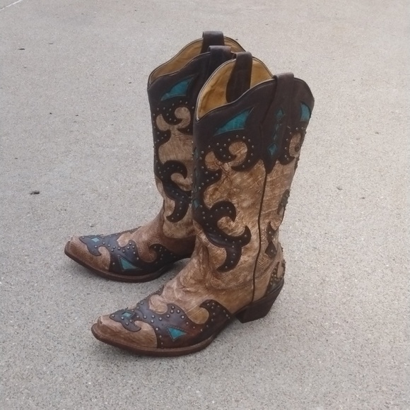 CORRAL AB019 "El Paso" leather snip toe cowgirl boot tan/brown/turquoise sz 9.5 - Picture 14 of 14
